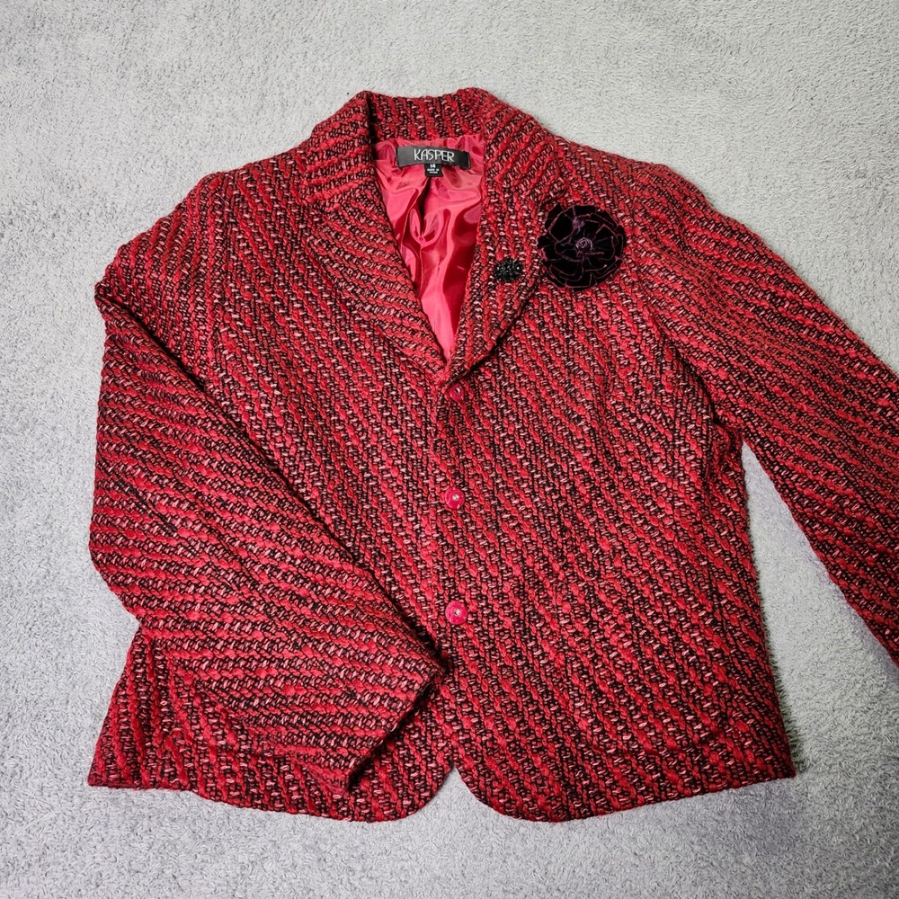 Kasper Womens 14 Blazer Red Black Textured Knit Button Front Floral Brooch